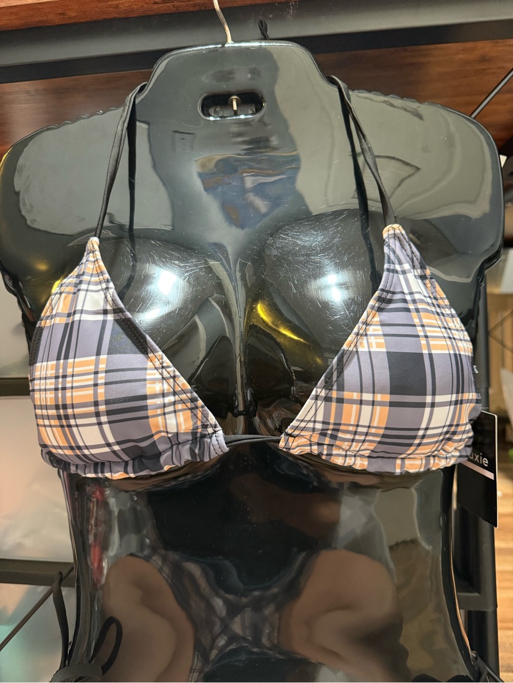 Plaid Triangle Bikini Top - Black and Tan